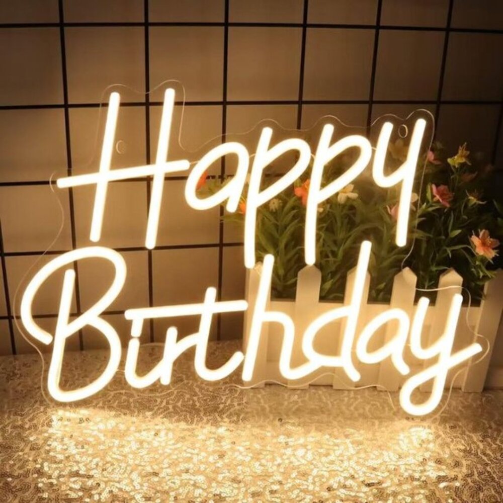 New Happy Birthday Neon Sign, Warm White LED Wall Light for Party & Backdrop